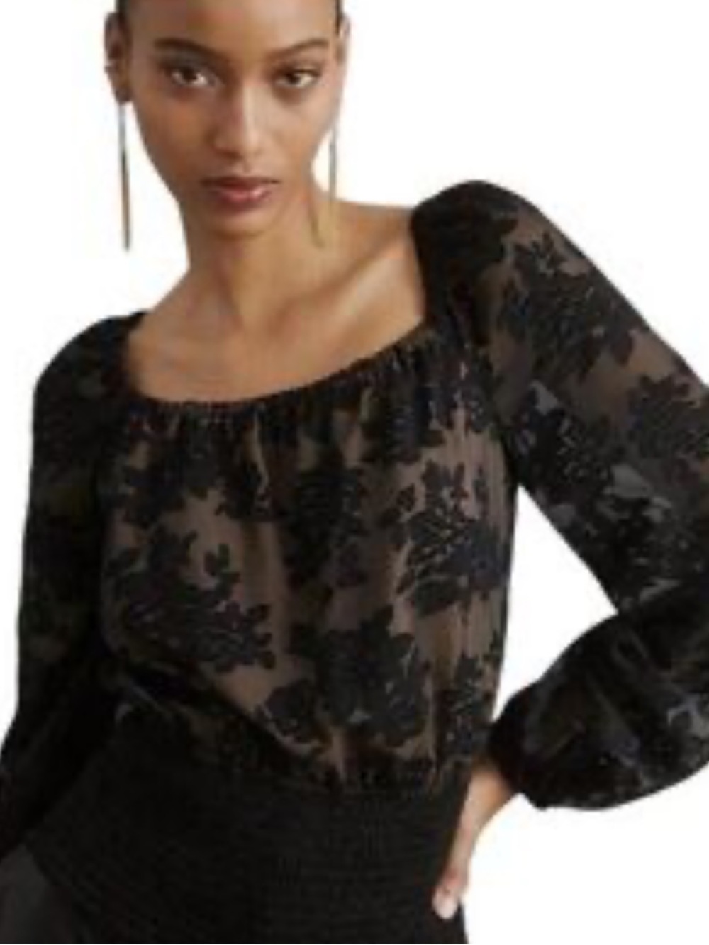 Current Air Black Sheer Flocked Floral Blouse small